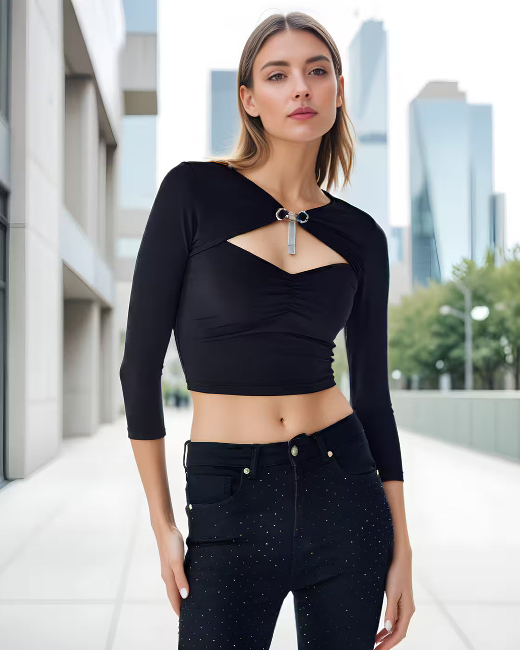 Women Round-Neck Ruched Fitted Top