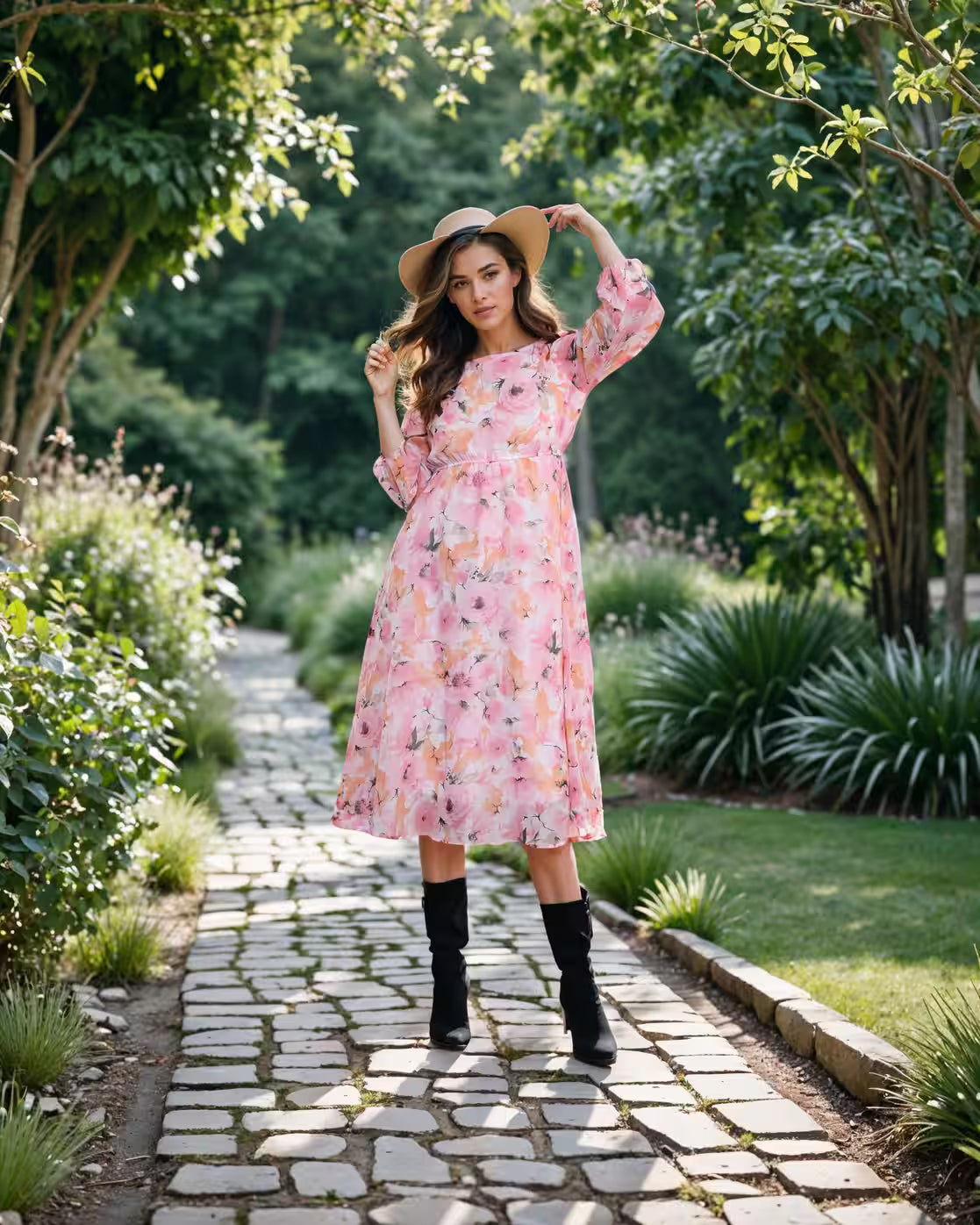 Bohemian Cuffed Sleeves Floral Print Midi Empire Dress