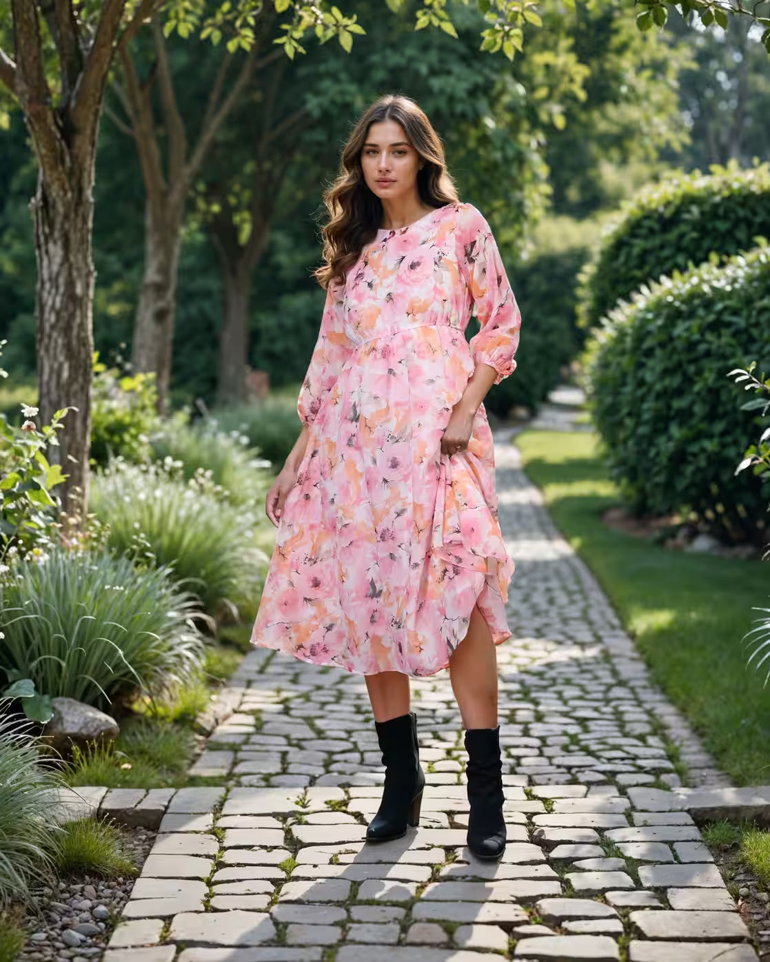 Bohemian Cuffed Sleeves Floral Print Midi Empire Dress