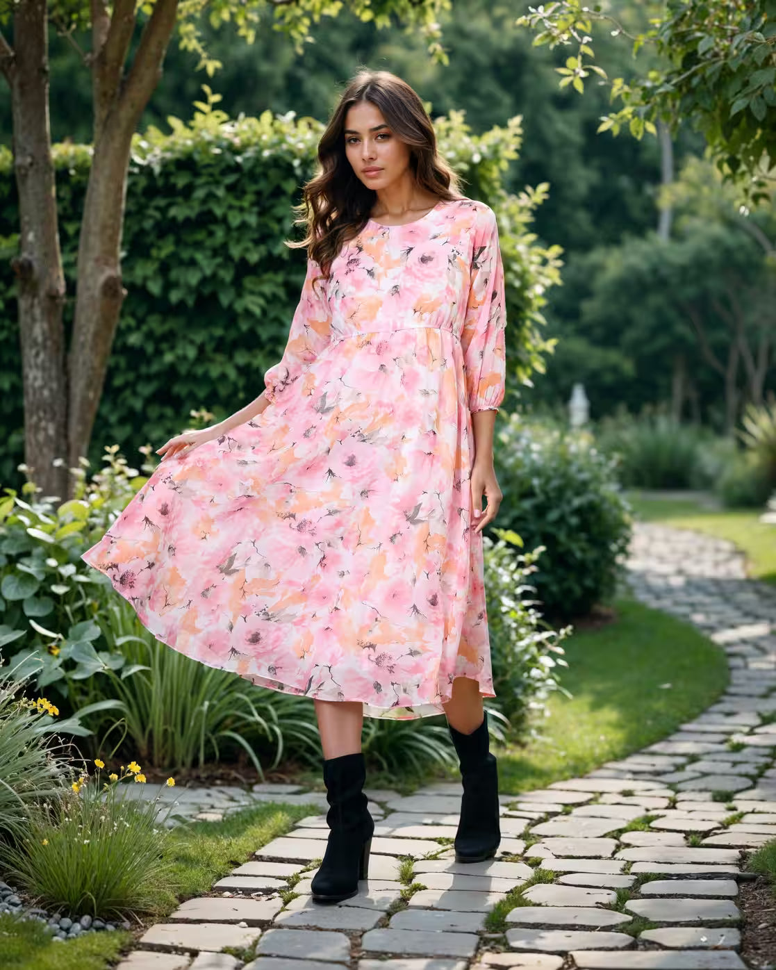 Bohemian Cuffed Sleeves Floral Print Midi Empire Dress