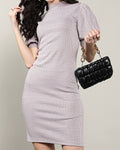 Elegant High Mock Neck Puff Sleeves Micro Print Mini Bodycon Dress