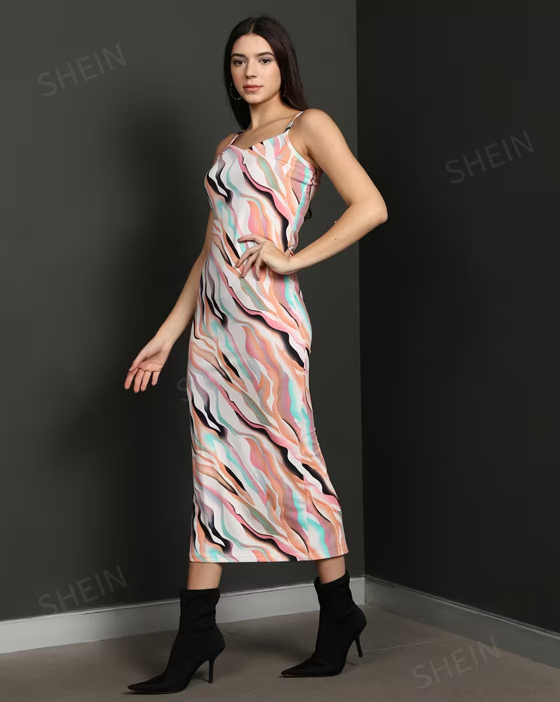 Dressbees Elegant Slit Abstract Pattern Midi Bodycon Dress