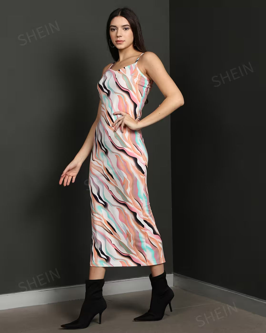 Elegant Slit Abstract Pattern Midi Bodycon Dress