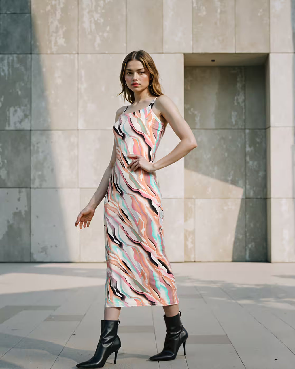 Dressbees Elegant Slit Abstract Pattern Midi Bodycon Dress