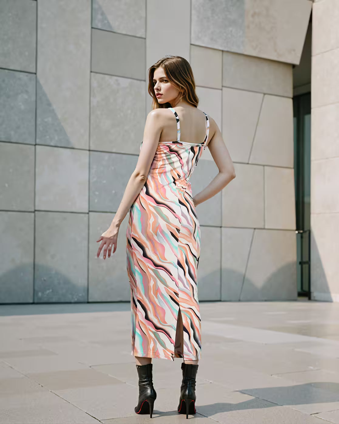 Elegant Slit Abstract Pattern Midi Bodycon Dress
