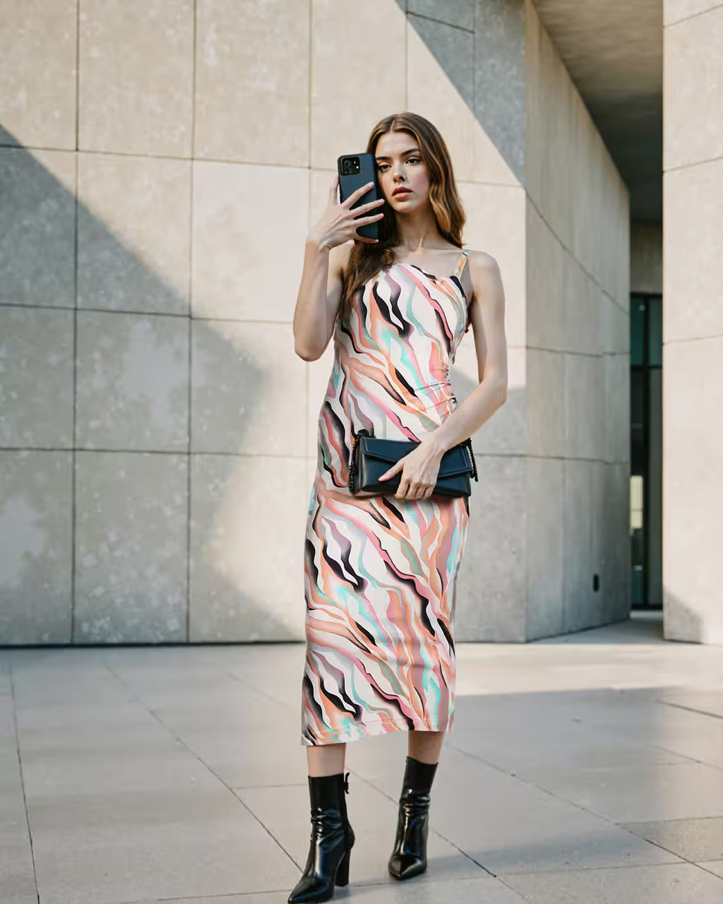 Dressbees Elegant Slit Abstract Pattern Midi Bodycon Dress