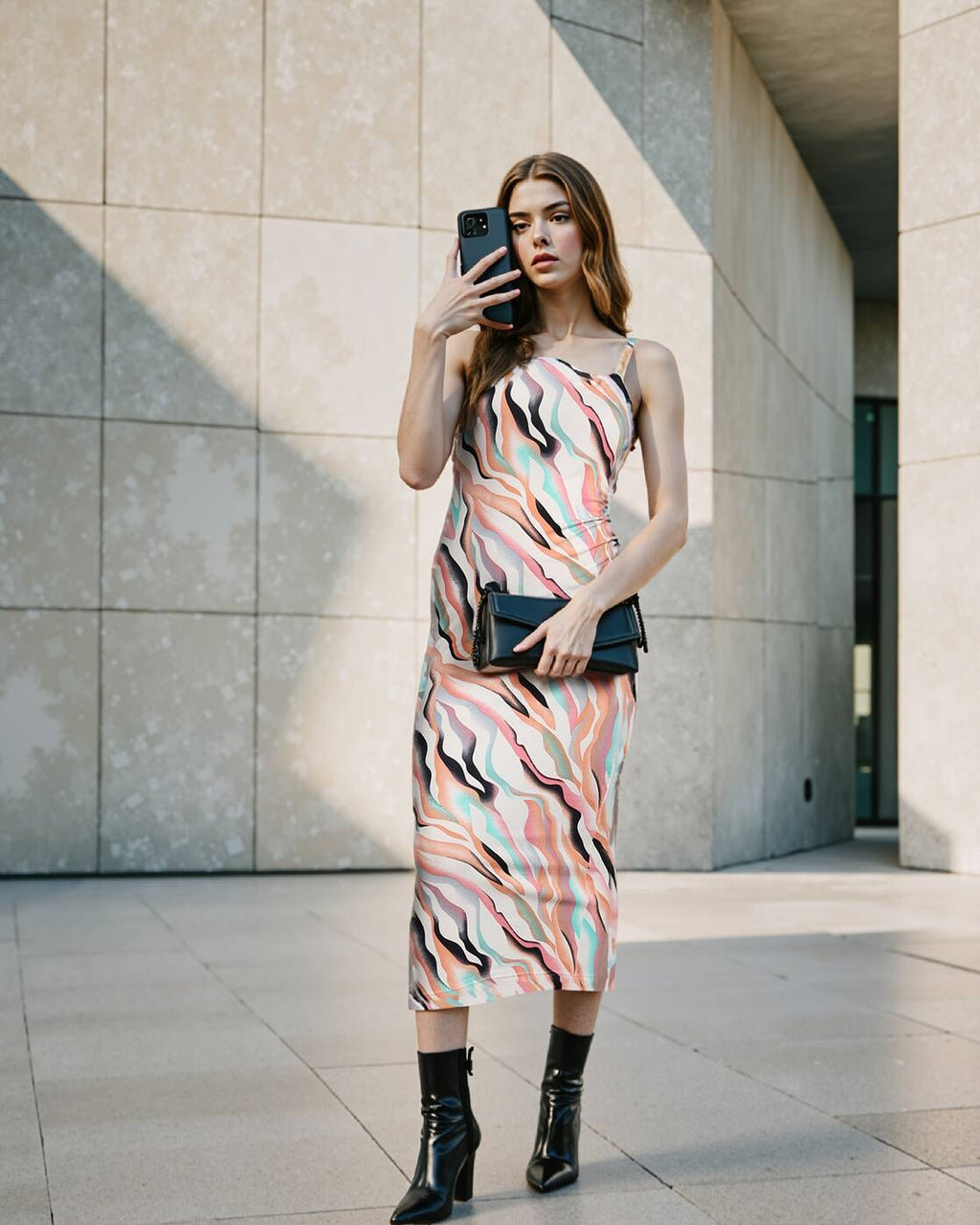 Elegant Slit Abstract Pattern Midi Bodycon Dress