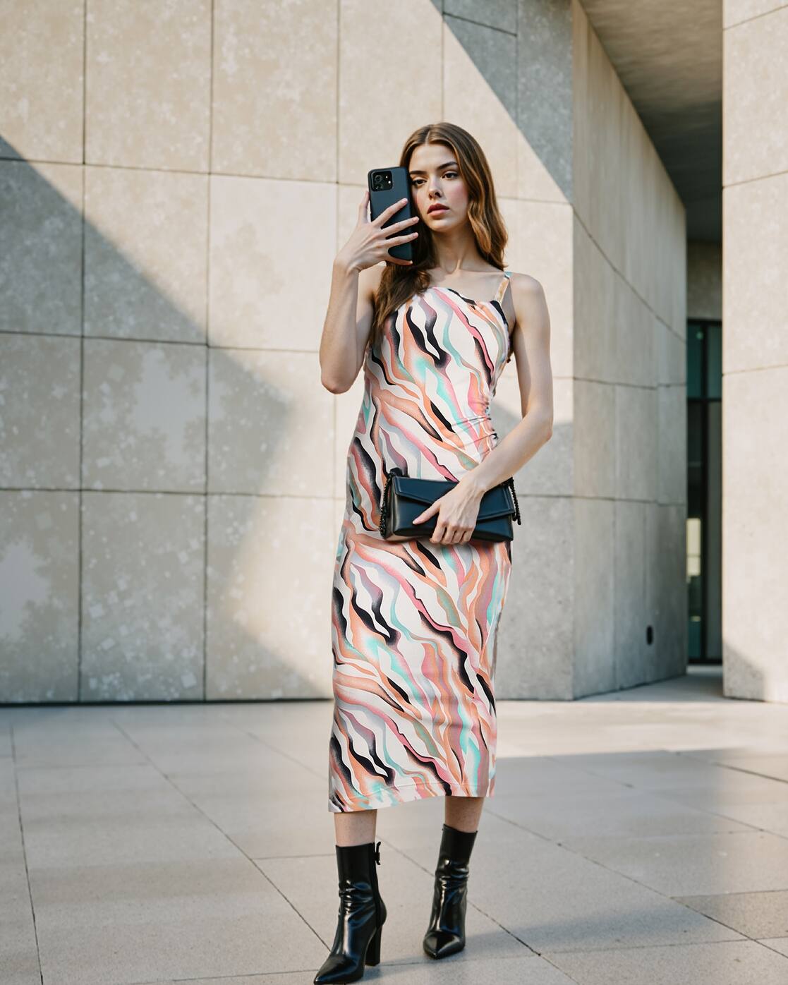 Elegant Slit Abstract Pattern Midi Bodycon Dress