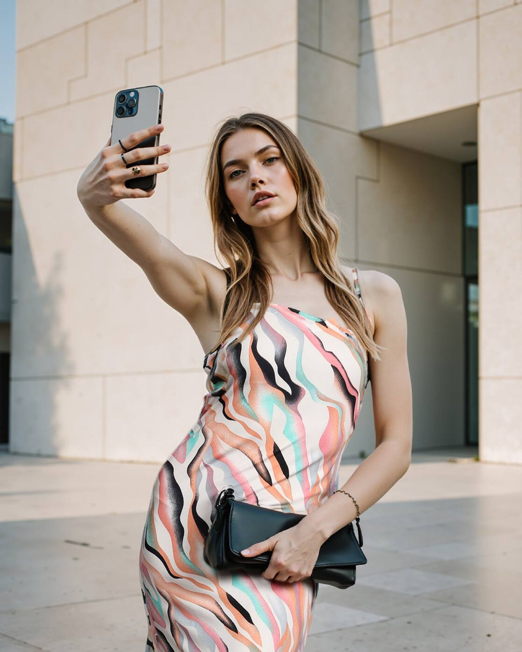 Dressbees Elegant Slit Abstract Pattern Midi Bodycon Dress