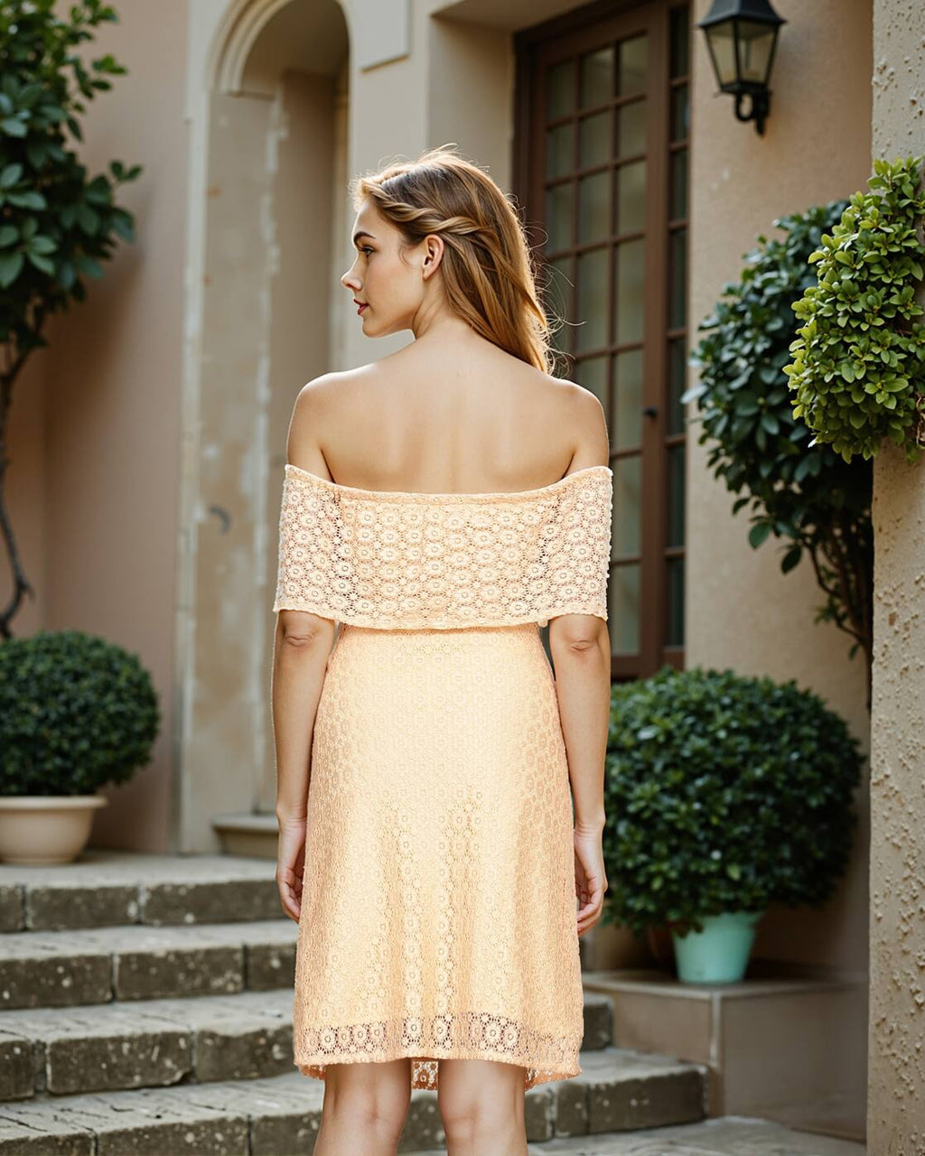 Party Beige Lace Off-Shoulder Midi Sheath Dress