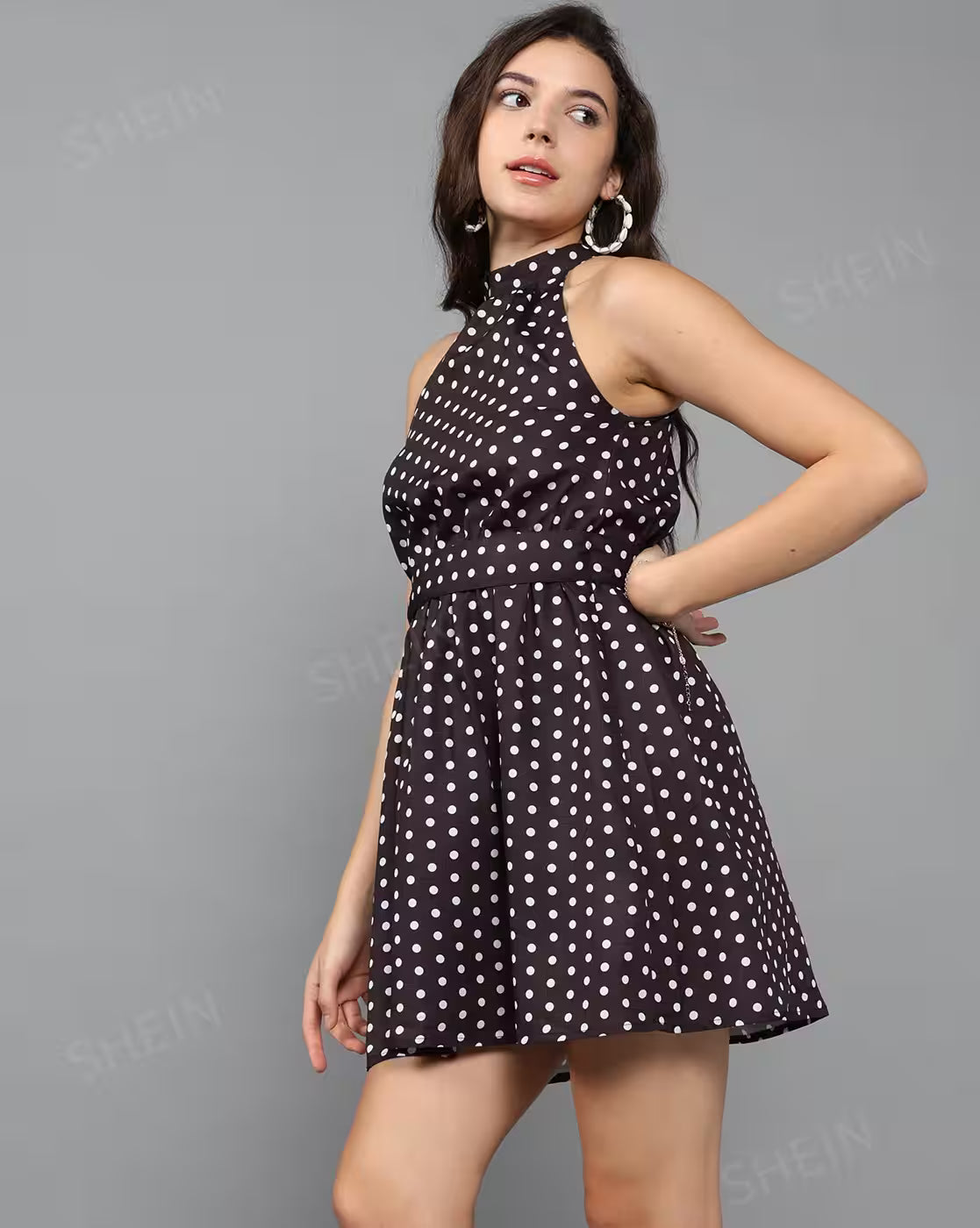 Vintage Polka-Dot Print Halter Neck Sleeveless Mini Skater Dress