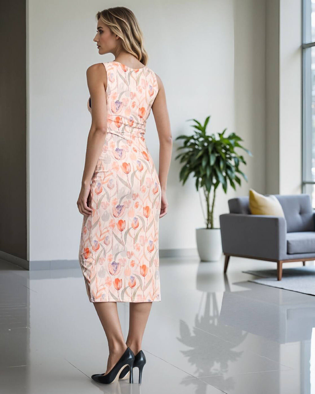 Deep V Neck Sleeveless Slit Hem Ruched Sheath Dress