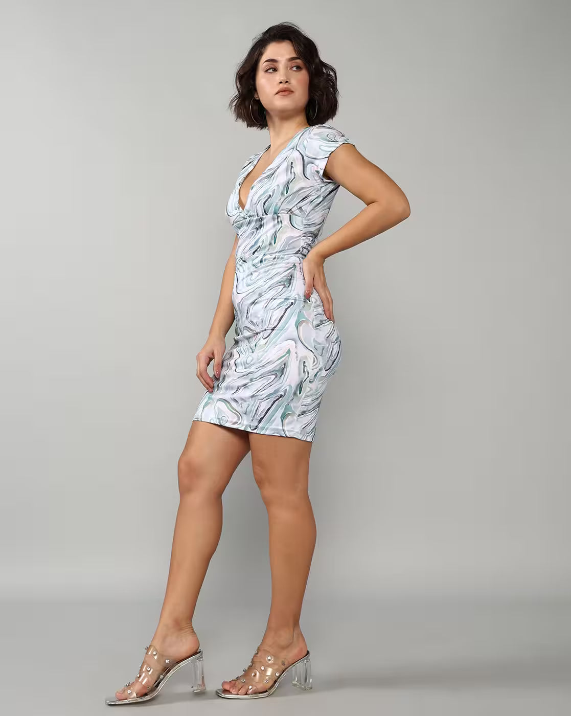 Mini Length Deep V-Neck Cap Sleeves Bodycon Dress