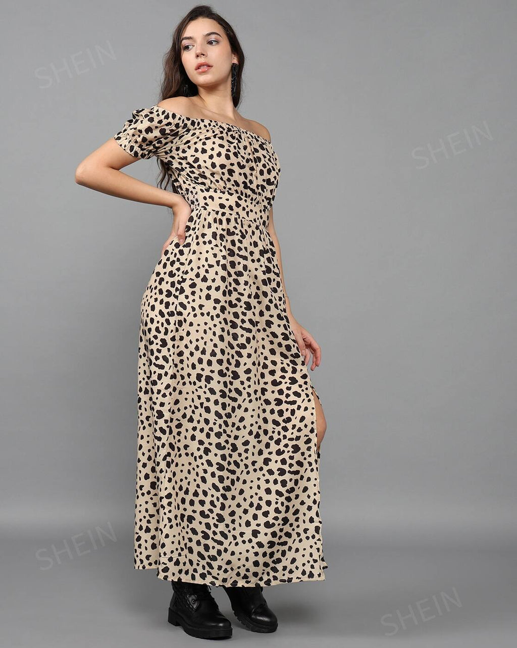 old Smocked Back Waist Short Off-shoulder Sleeves A-line Dress