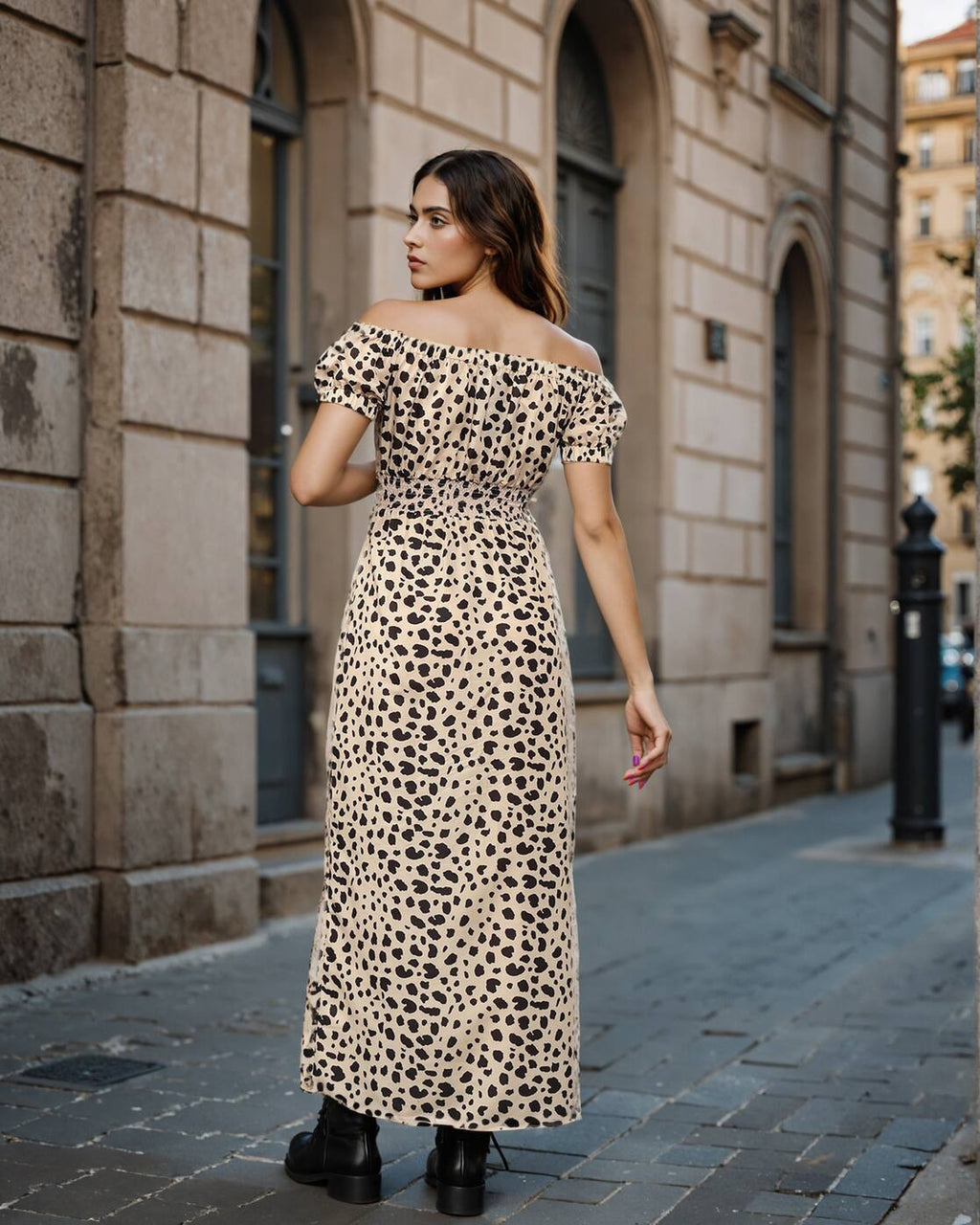 old Smocked Back Waist Short Off-shoulder Sleeves A-line Dress