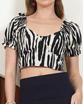 Crop Length Short Puff Sleeve Abstract Print Fitted Top | M