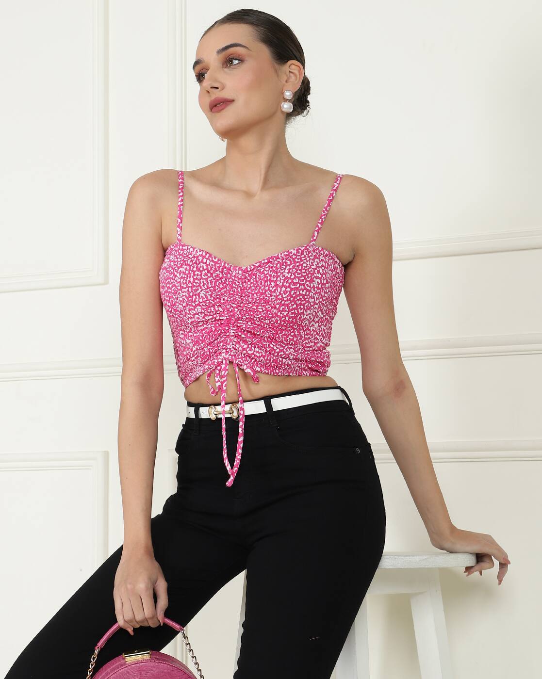 Dressbees Ruched Front Self-design Print Square Neckline Fitted Top