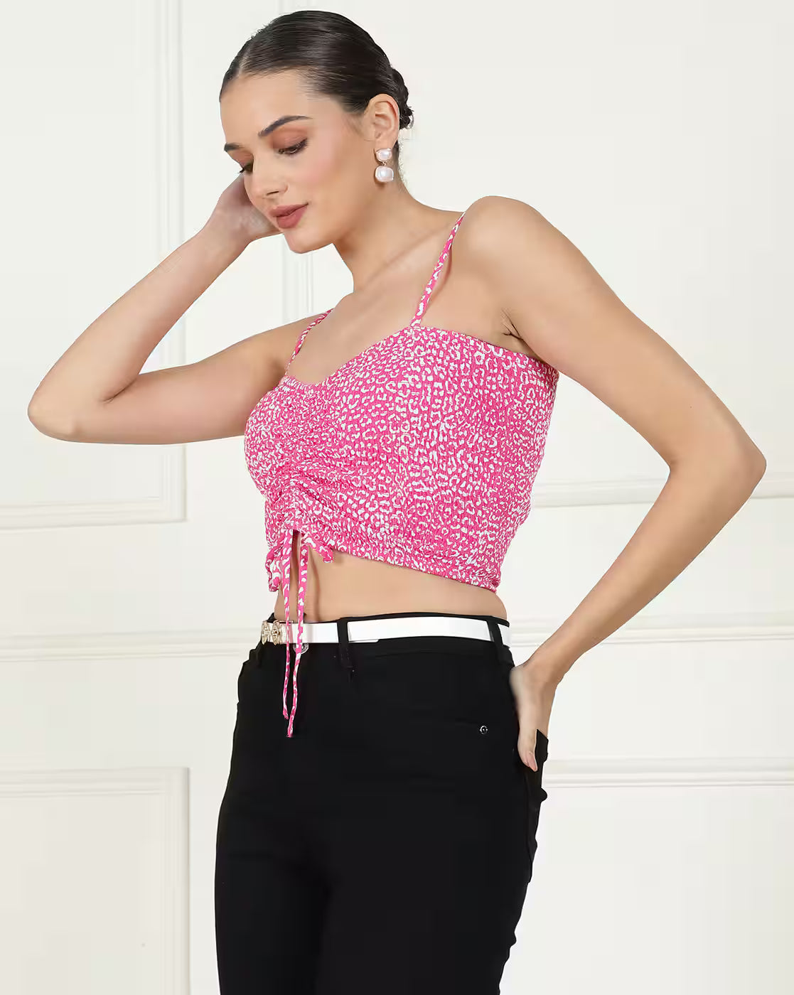 Dressbees Ruched Front Self-design Print Square Neckline Fitted Top