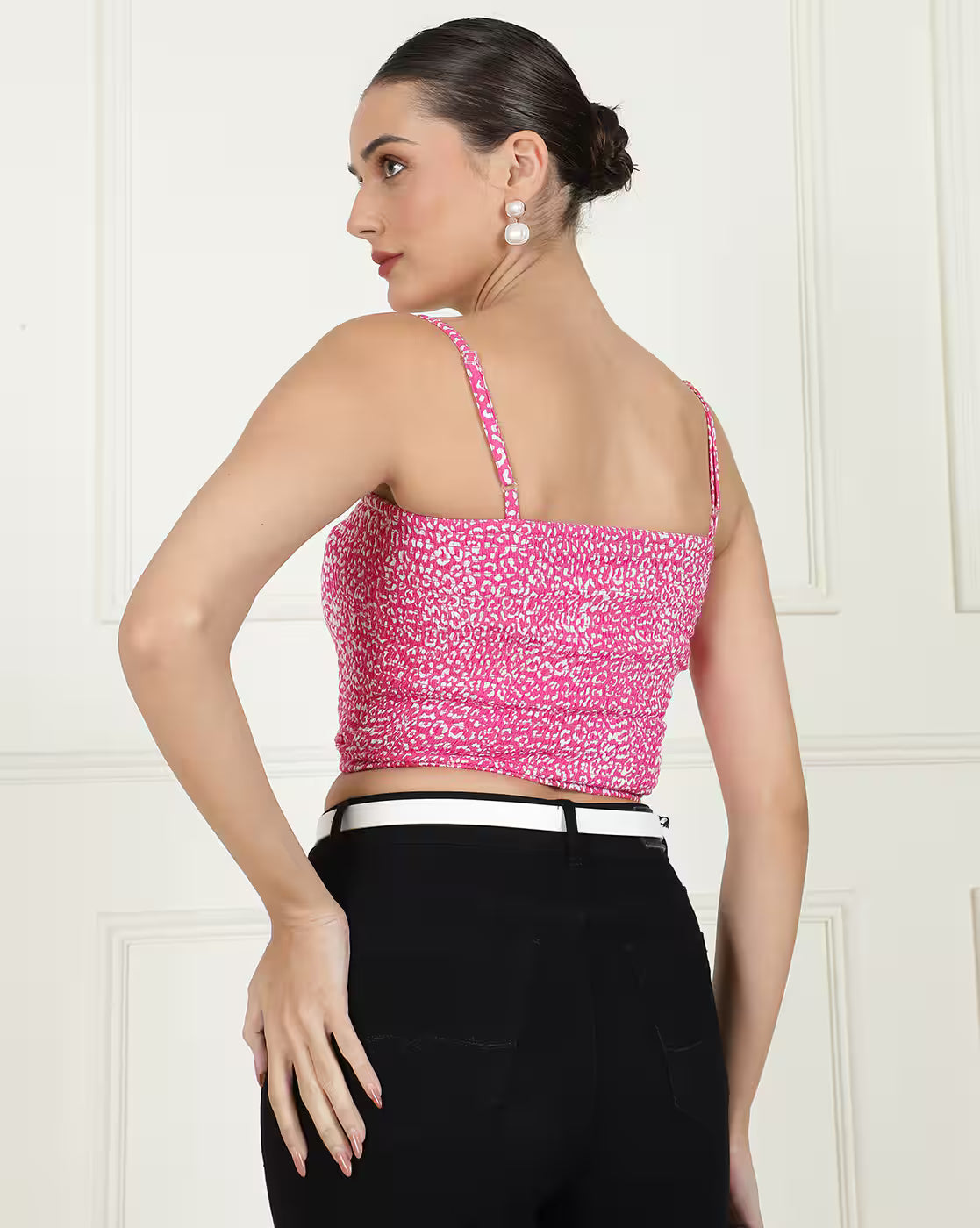 Dressbees Ruched Front Self-design Print Square Neckline Fitted Top