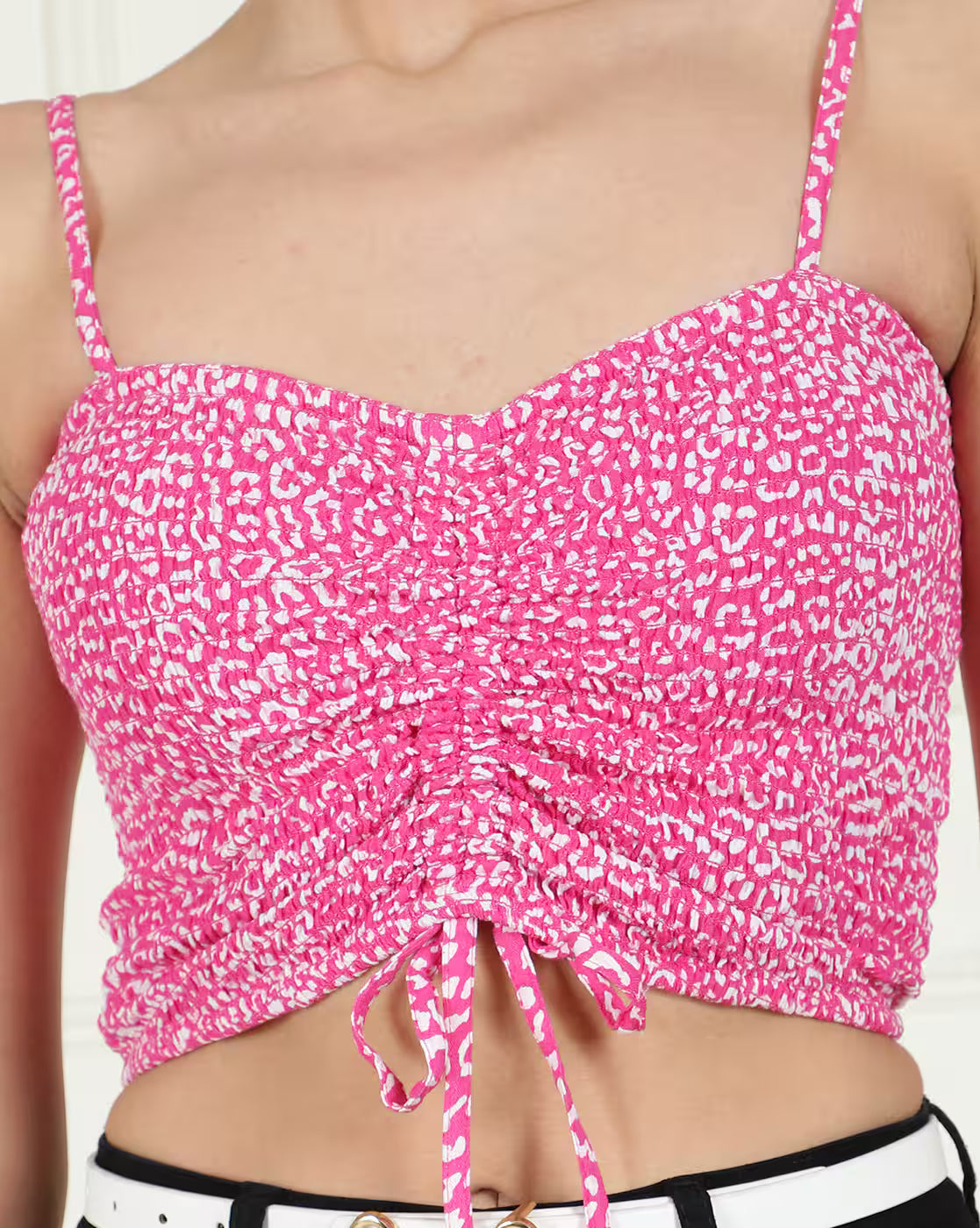 Dressbees Ruched Front Self-design Print Square Neckline Fitted Top