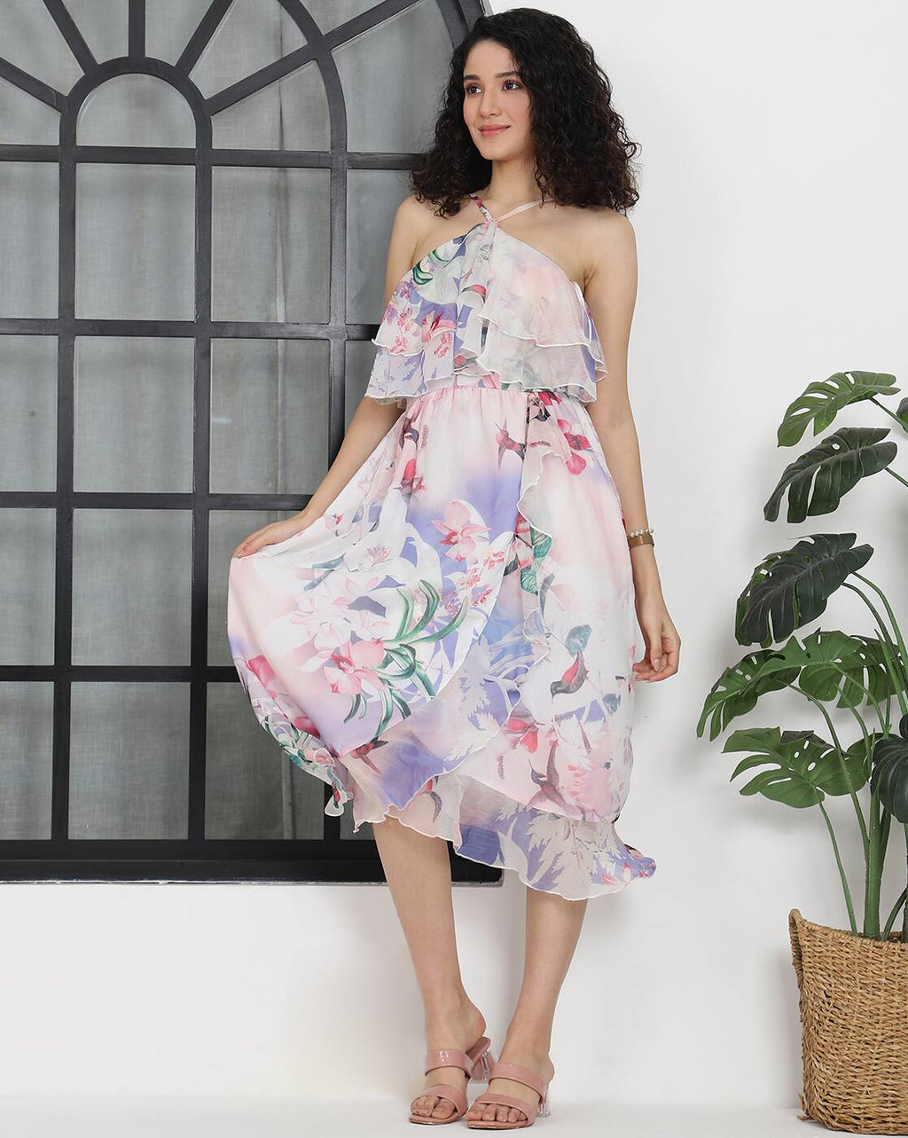 halter Neck Floral Print Ruffled Fit and Flare Midi Dress