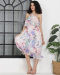 halter Neck Floral Print Ruffled Fit and Flare Midi Dress