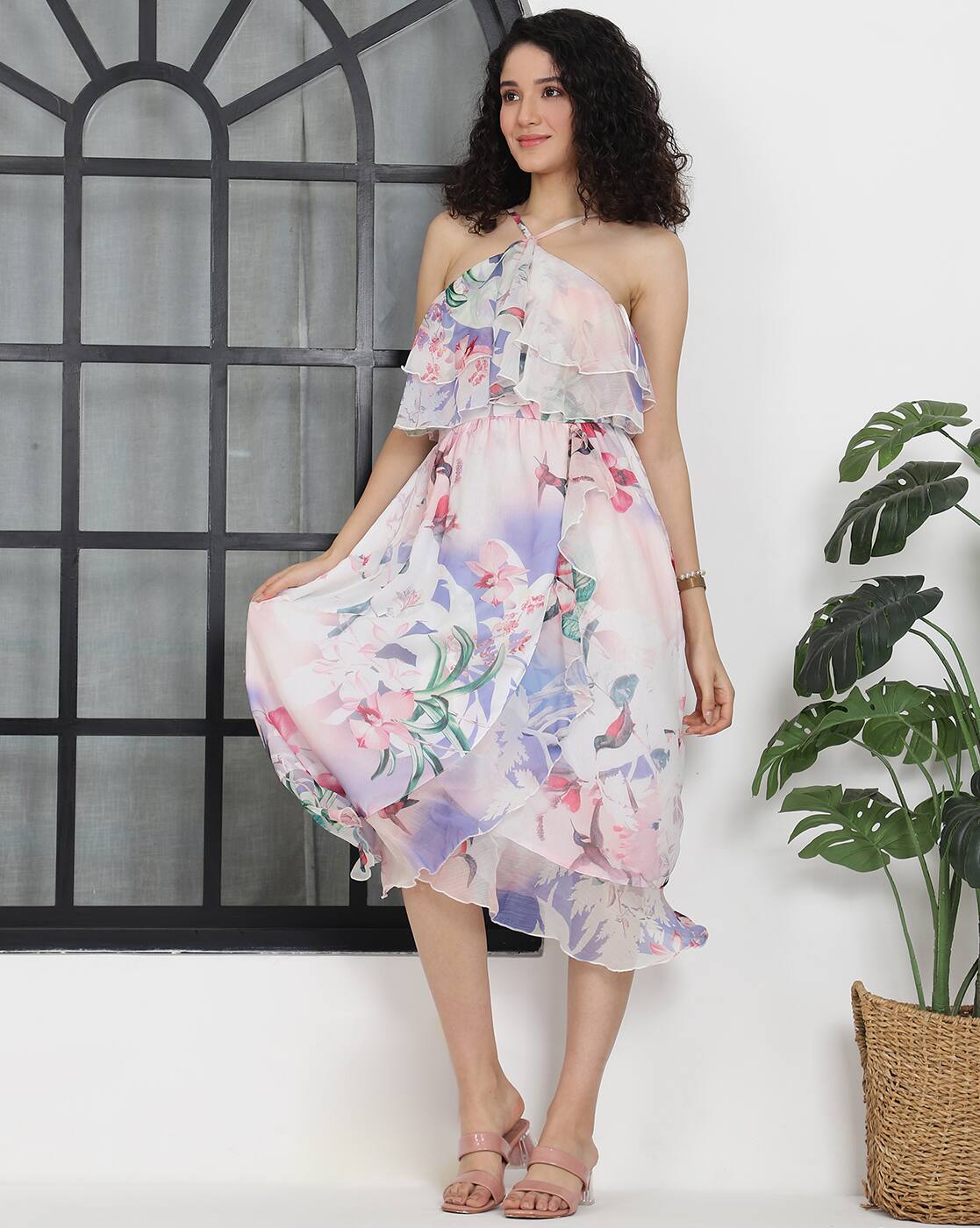 halter Neck Floral Print Ruffled Fit and Flare Midi Dress