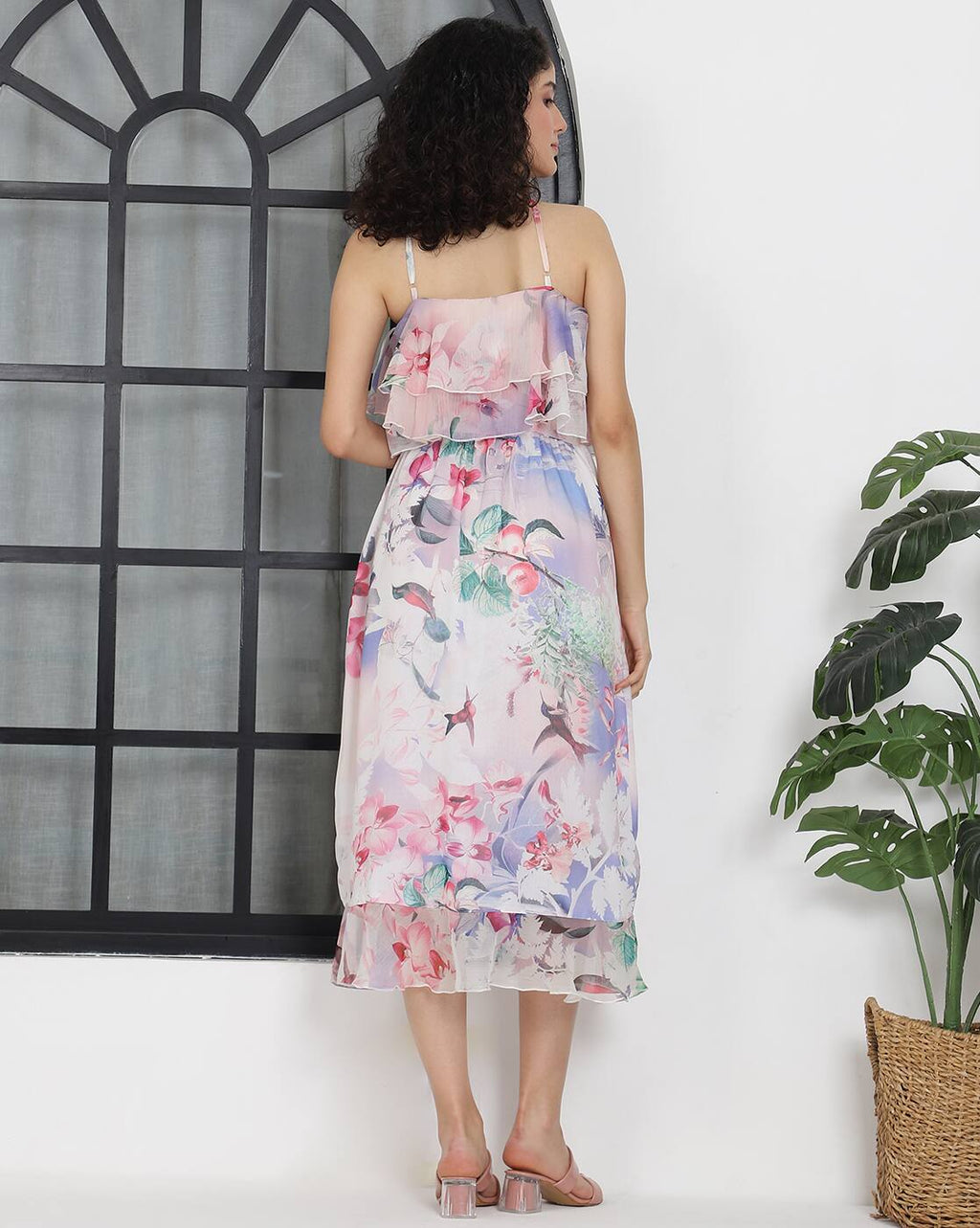 halter Neck Floral Print Ruffled Fit and Flare Midi Dress