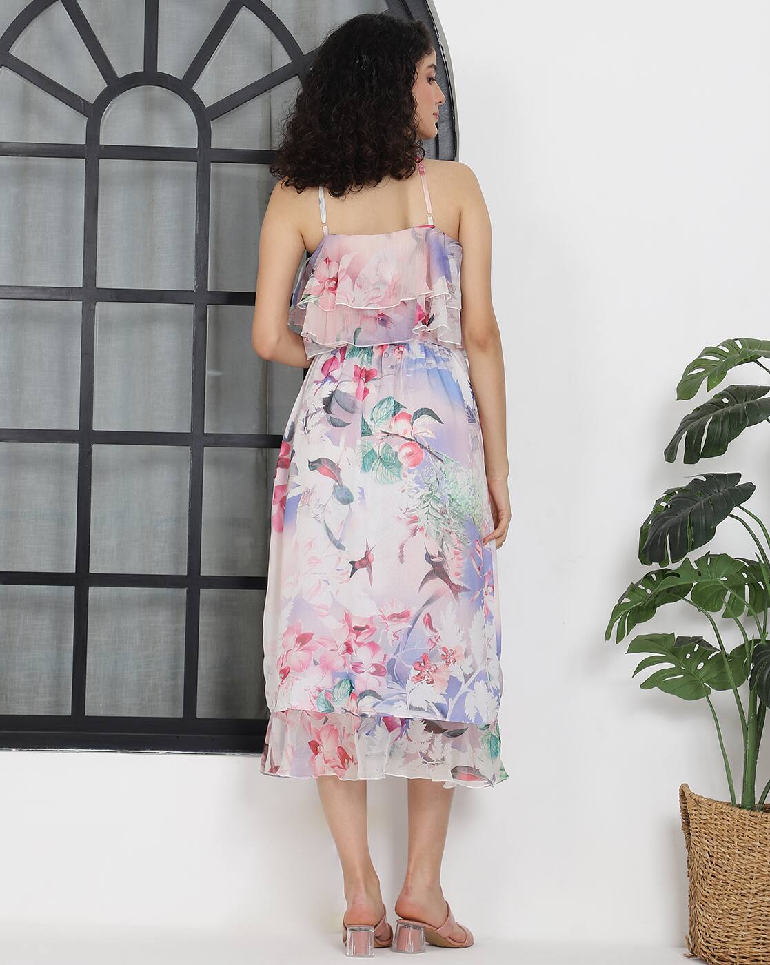 halter Neck Floral Print Ruffled Fit and Flare Midi Dress
