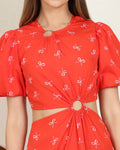 Cute Short Puff Sleeves High Waist A-line Dress With Ring Detail