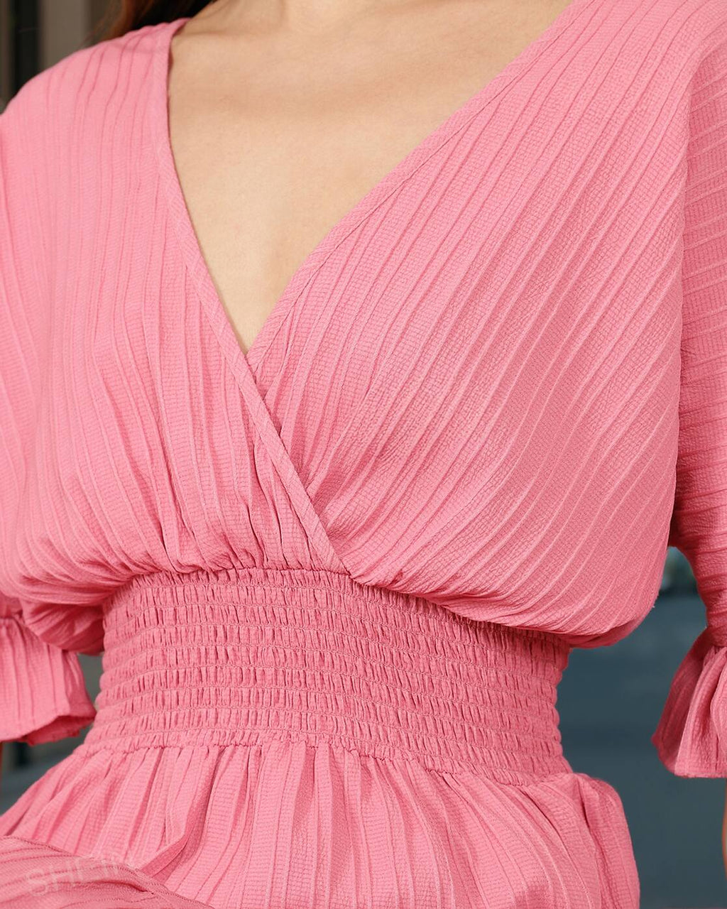 Flounce Sleeves Mock Wrap Empire Dress with Back Tie-up