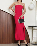 Party Midi Length Strapless Magenta Slit Hem Corset Style Dress
