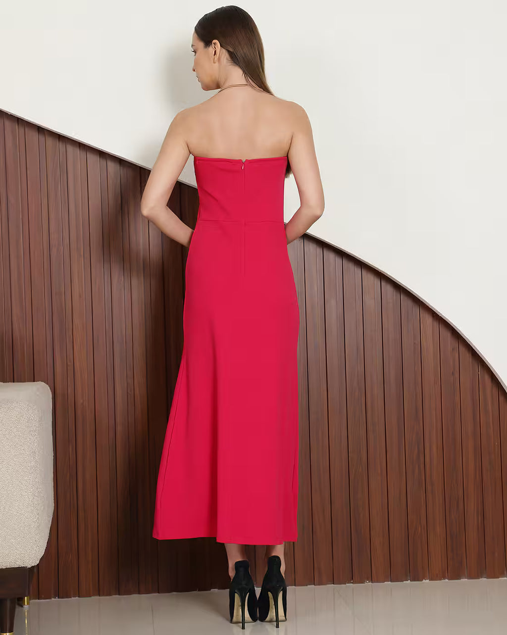 Party Midi Length Strapless Magenta Slit Hem Corset Style Dress