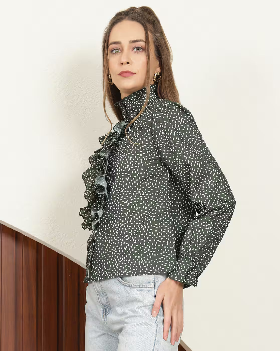 Elegant Full Cuffed Sleeves Ruffled Relaxed Fit Shirt Style Top