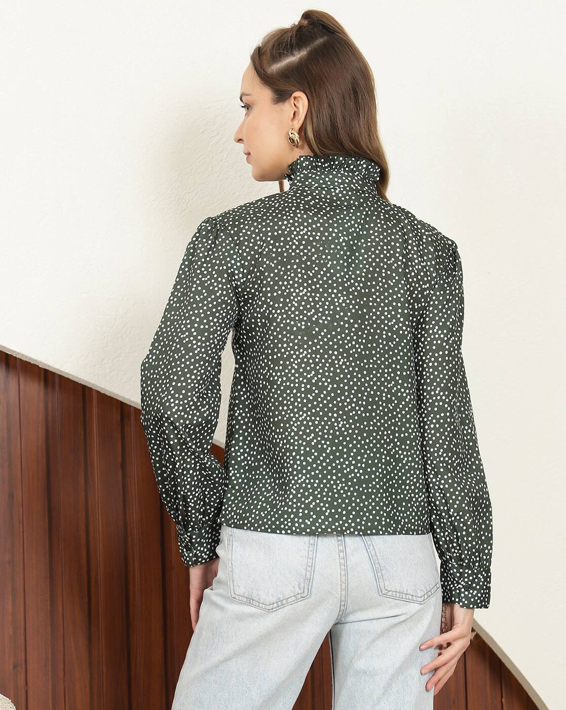 Elegant Full Cuffed Sleeves Ruffled Relaxed Fit Shirt Style Top