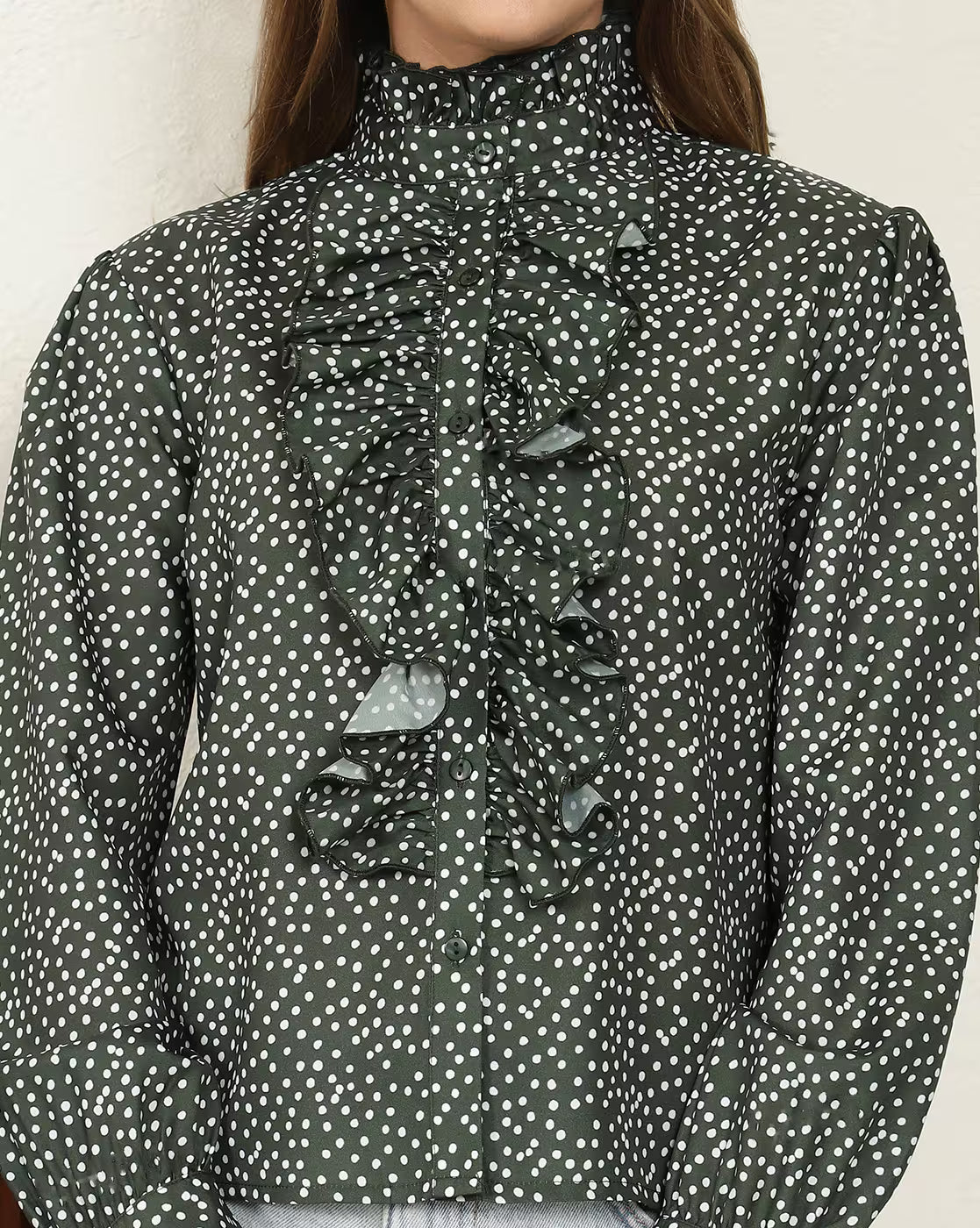 Dressbees Elegant Full Cuffed Sleeves Ruffled Relaxed Fit Shirt Style Top