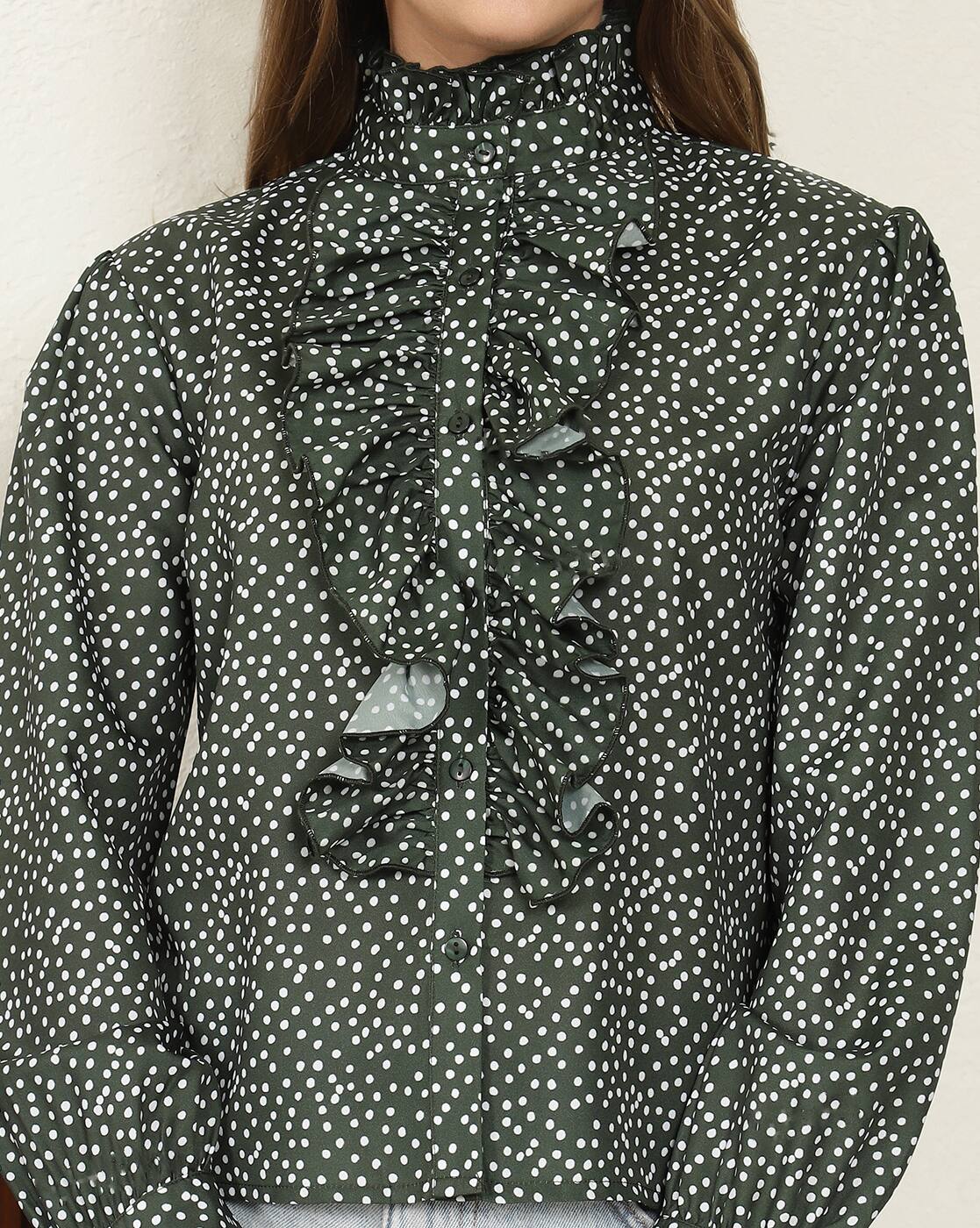 Elegant Full Cuffed Sleeves Ruffled Relaxed Fit Shirt Style Top