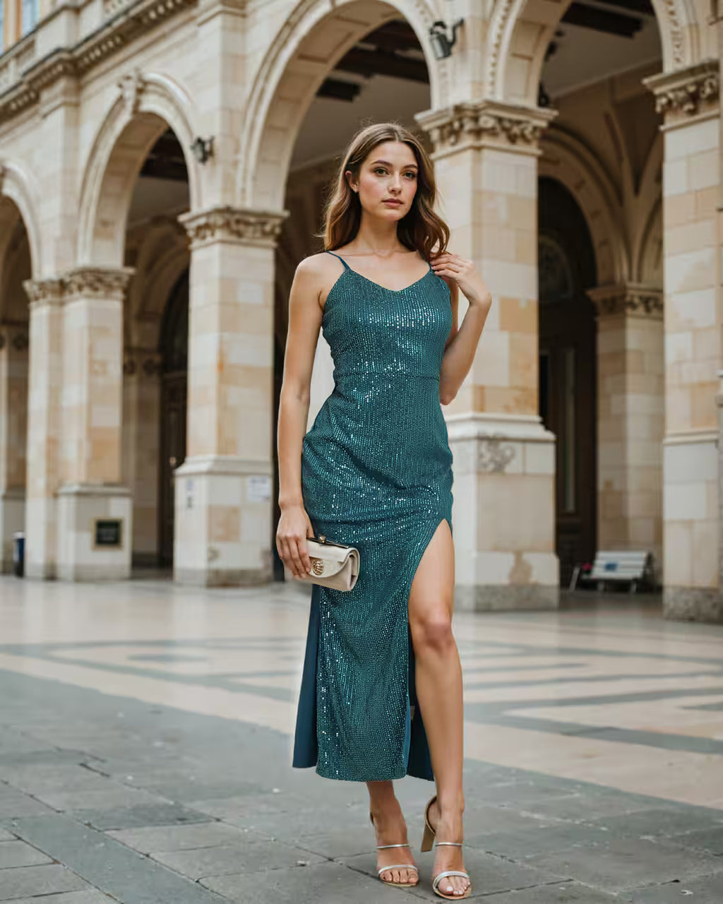 Party Sleeveless Slit Hem Sheath Dress with Sequins