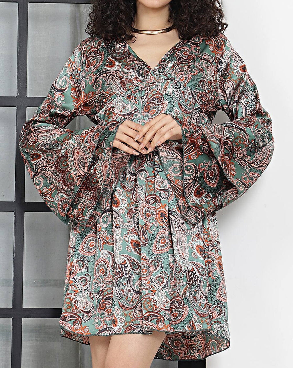 Bohemian Full Tiered Sleeves Paisley Print A-line Dress