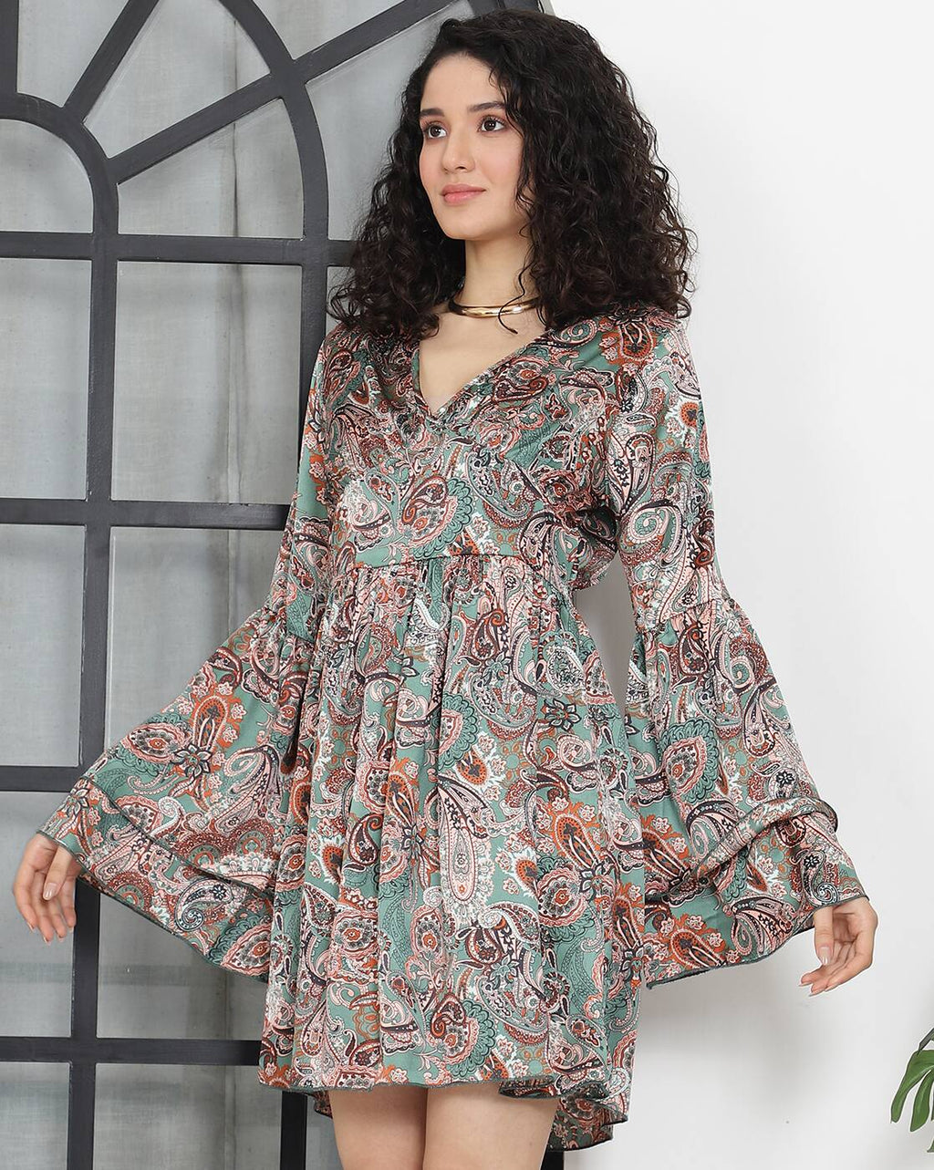 Bohemian Full Tiered Sleeves Paisley Print A-line Dress