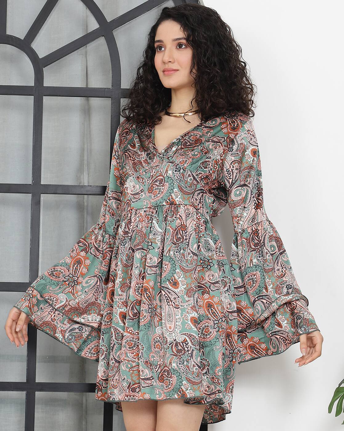 Bohemian Full Tiered Sleeves Paisley Print A-line Dress