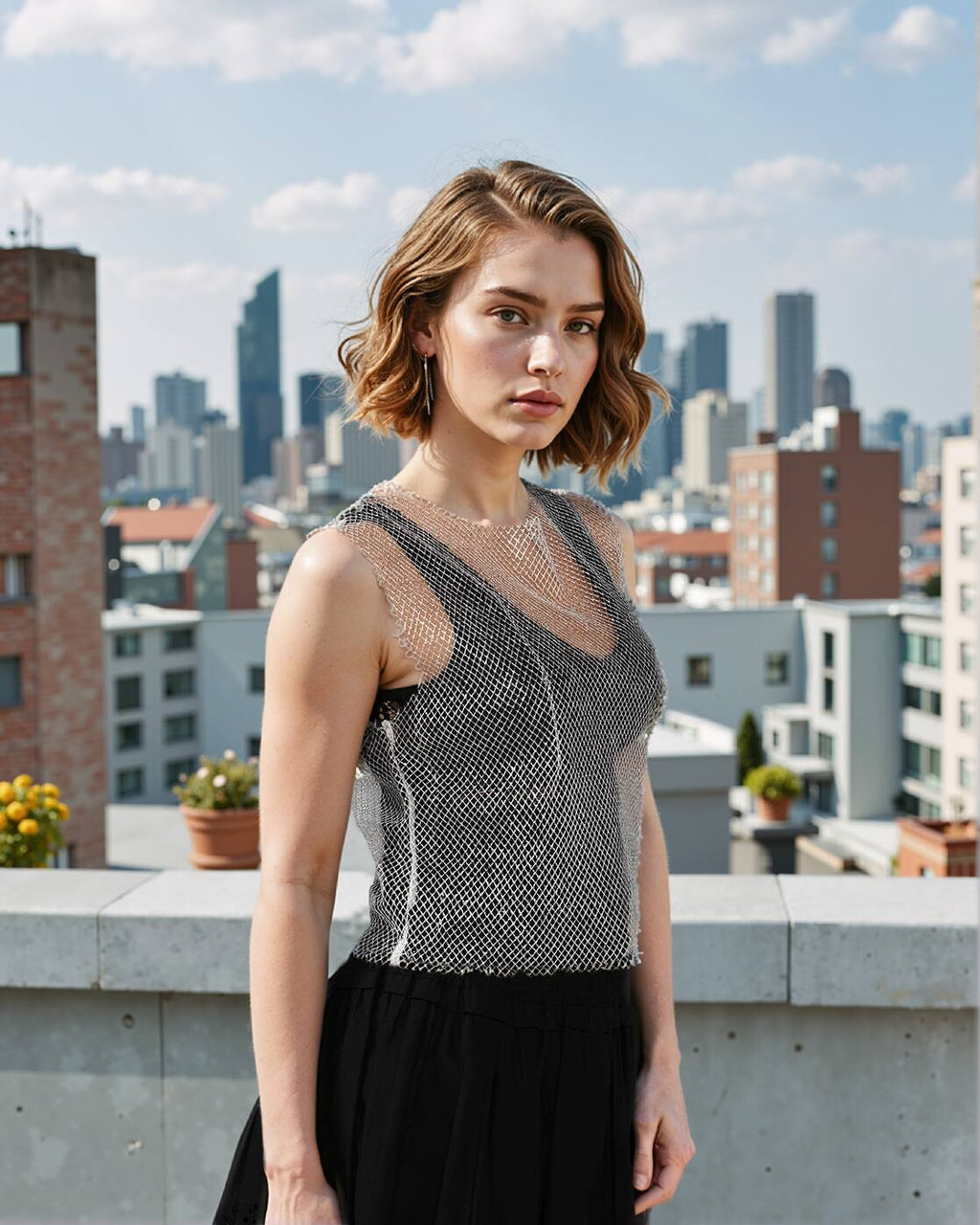 Party Short Length Sleeveless Silver Mesh Loose Fit Top