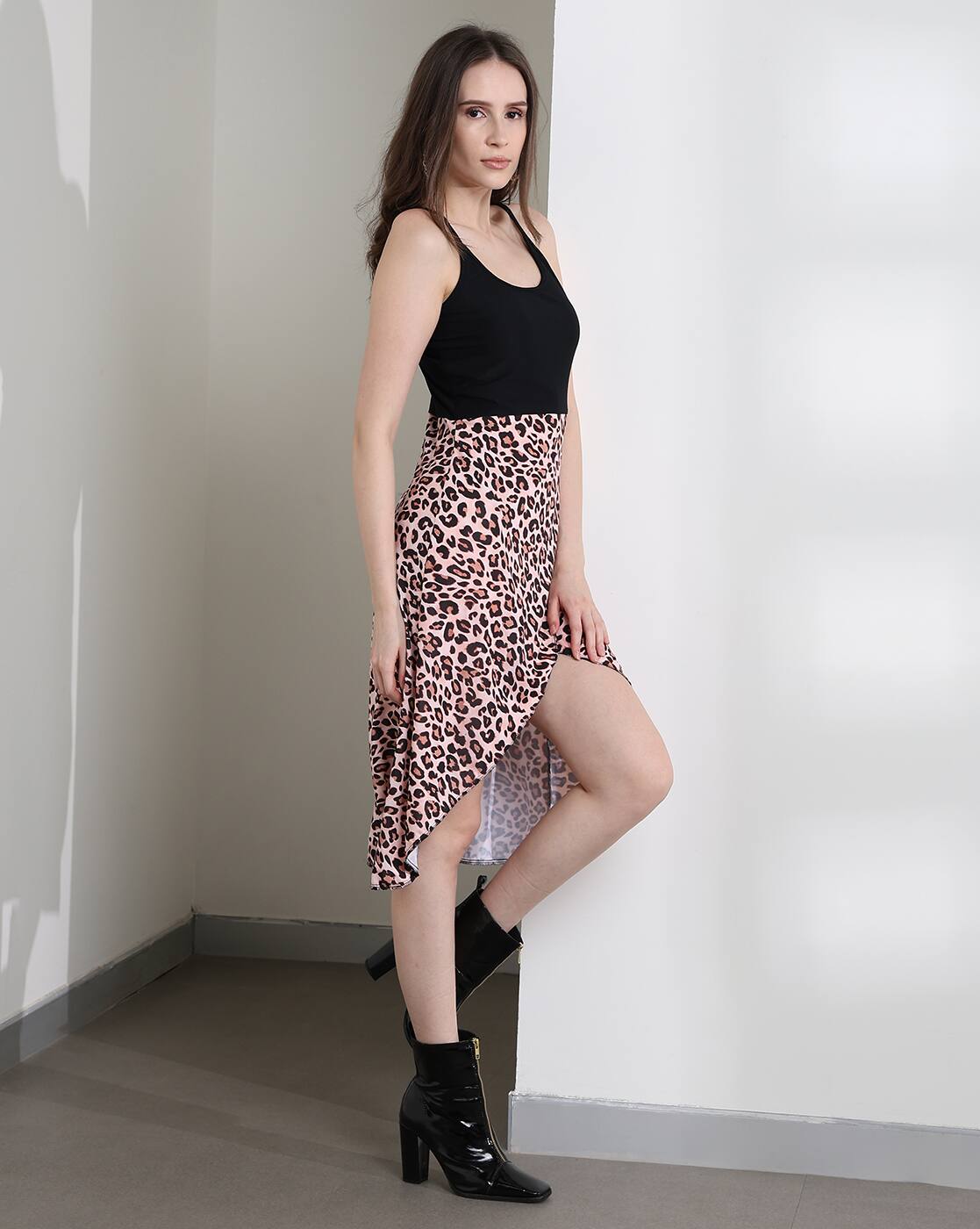 Party Strappy Sleeves Animal Print High-Low Wrap Dress