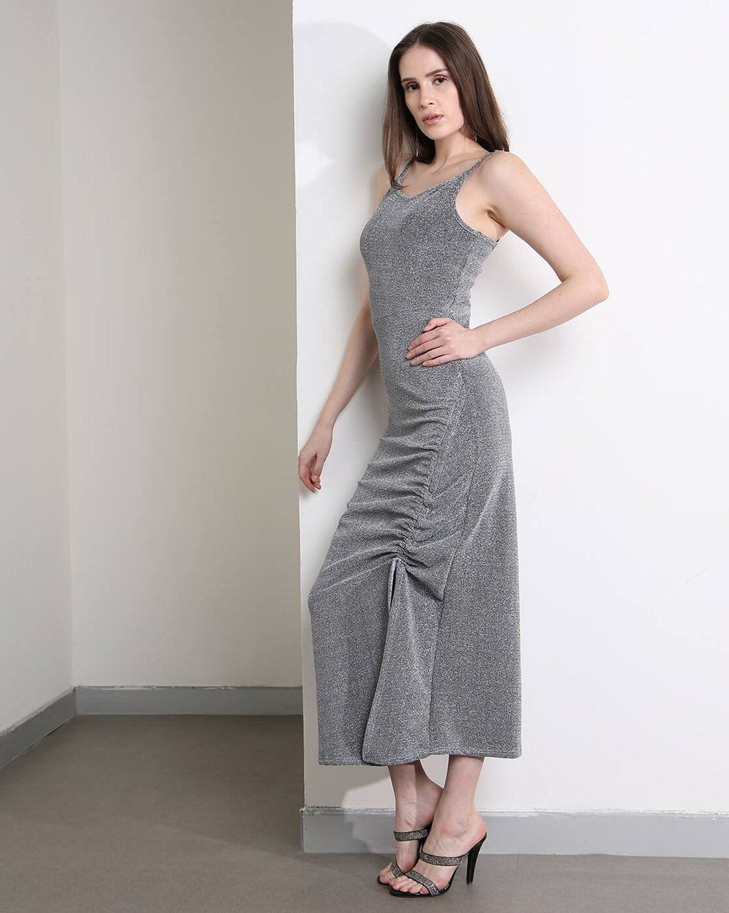 Dressbees Party Spaghetti Strap Ruched Split Thigh Midi Dress