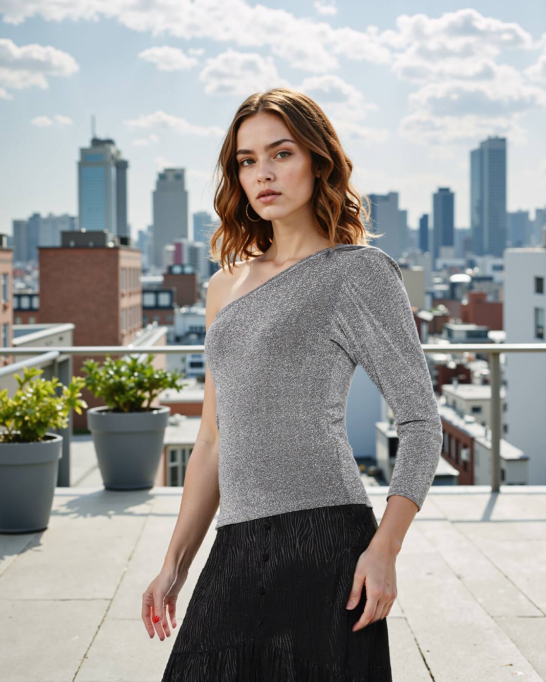 Dressbees Party Medium Length 3/4th One Shoulder Sleeve Fitted Top