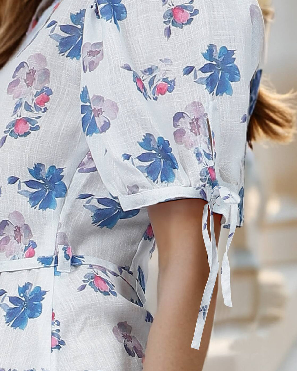 Puff Sleeves Floral Print Mini Skater Dress With Tie-Up