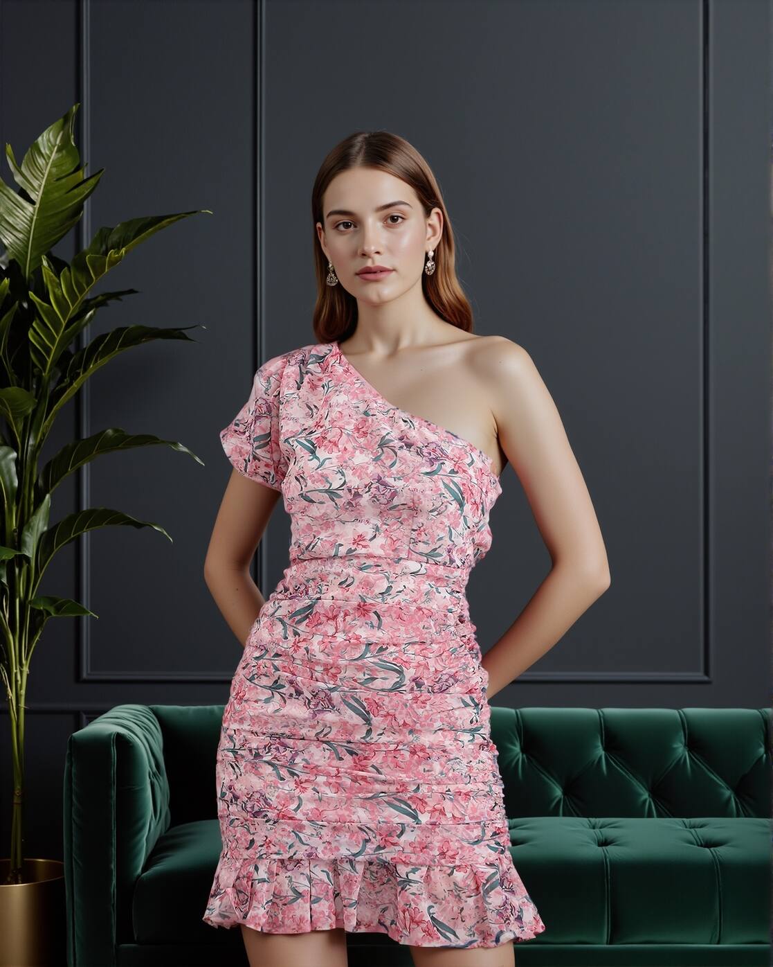 One Shoulder Ruched Floral Print Bodycon Dress