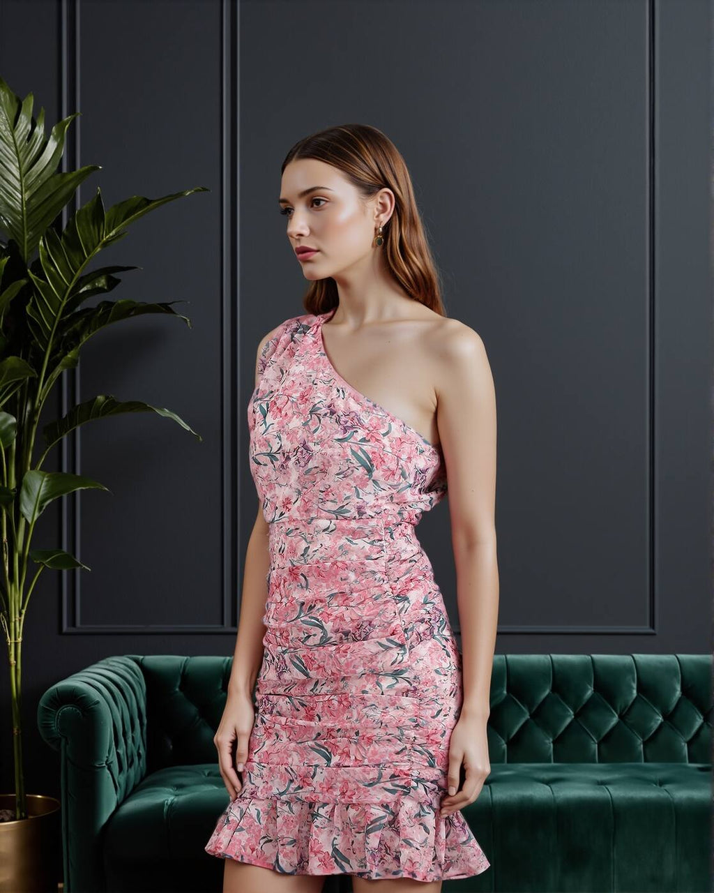 One Shoulder Ruched Floral Print Bodycon Dress