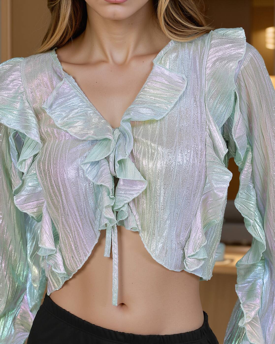 Party Tie-Up Neck Bell Sleeves Shimmer Ruffled Loose Fit Blouson