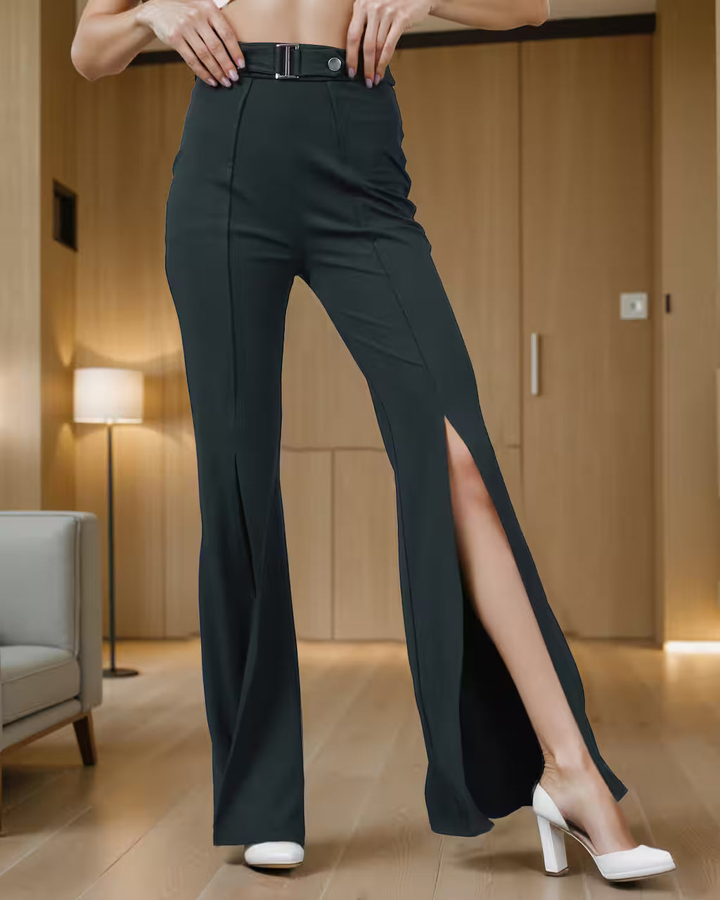 Party Full Length Pleated Front-Slit Flared Fit Trousers with Belt